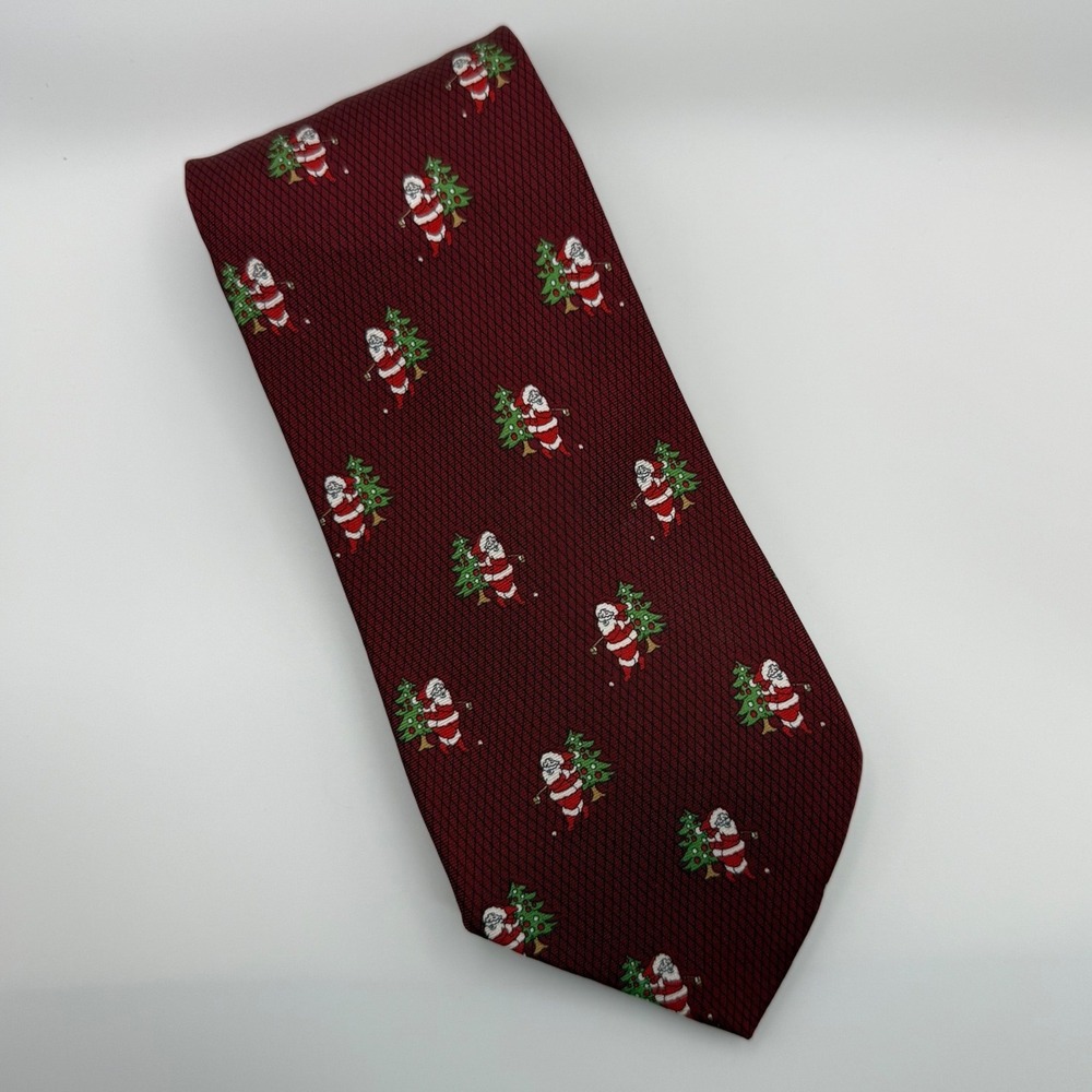 Jos. A. Bank Necktie OS Christmas Golfing Santa Holiday Silk Burgundy Festive